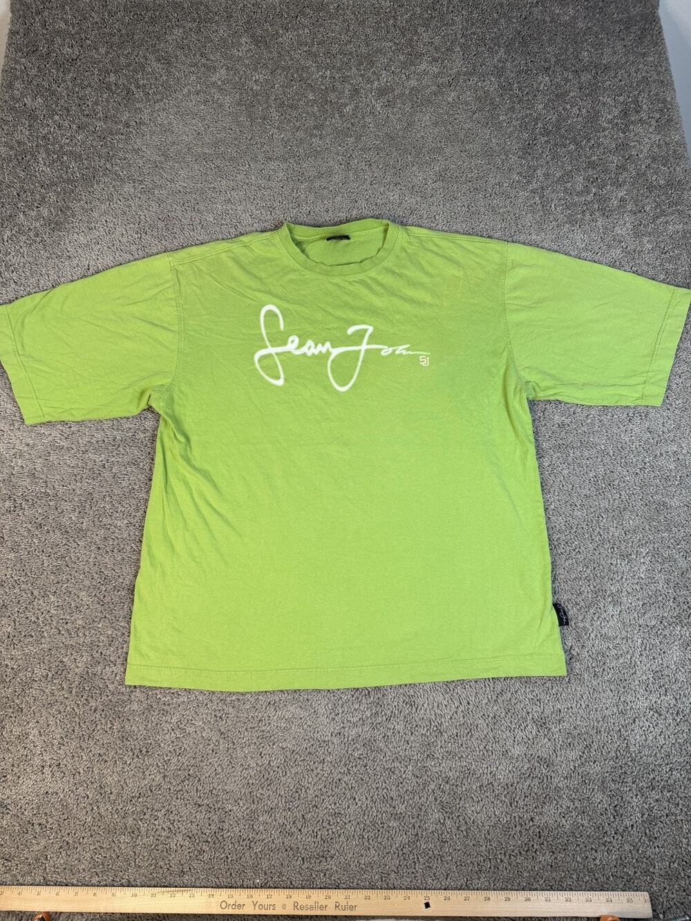 Sean John Shirt Mens XL Green Script Graphic Crew Neck Cotton Jersey Regular Fit